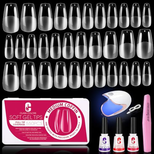 Clara Colors Falsche Nageltips Salon Set,Nagellack Nagelverlängerung Starter Set mit UV und 3pcs Nagelkleber,550PCS Soft Gel Nail Tips Coffin,Nail Tips and Glue Gel Kit for Nail Art DIY Starter Kit