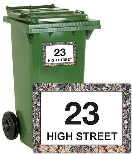 stika.co Pack of 4 Pack of 4 Personalised William Morris, vintage Honeysuckle Art Pattern Wheelie bin stickers, House Number and Street Name for Bin containers (A5-210 x 148mm, White Vinyl)