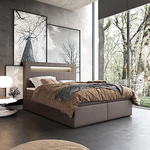 Boxspringbett Doppelbett ROTTWEIL - 180x200cm Bett mit Bonellmatratze, mit Bettkasten für Bettwäsche und Topper. Bett mit Kopfteil. LED-beleuchtete Kopfstütze. (Soft 66, 180x200)