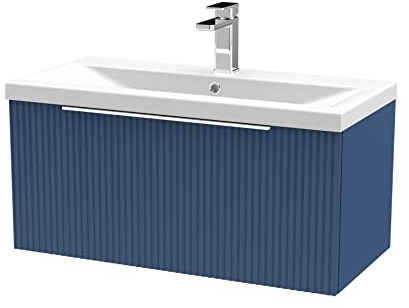 Hudson Reed DFF396A Fluted Modern Bathroom Wall Hung 1 Drawer Vanity Basin Unit with Mid-Edge Ceramic Basin, 800mm, Satin Blue