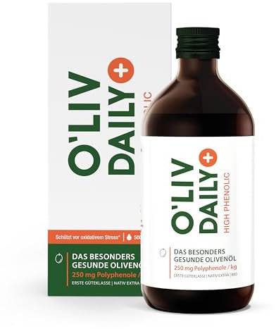 Das besonders gesunde Bio-Olivenöl – hoher Polyphenol-Gehalt 250 mg/kg – bei Cholesterin – O'Liv DAILY – 500 ml – 50 Portionen