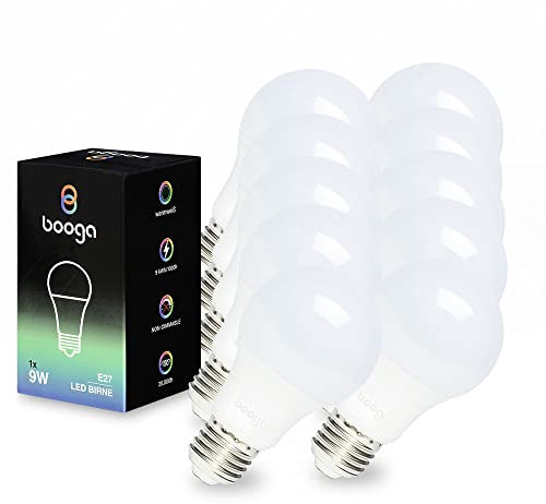 Booga LED E27 Glühbirne Leuchtmittel - 9 Watt - warmweißes Licht - 3000K - Milchglas - Energiesparlampe - LED-Birne - 220-240V AC, 10er Set