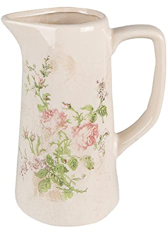Clayre & Eef Dekorative Kanne 15x10x19 cm Rosa Beige Keramik Blumen Wasserkrug