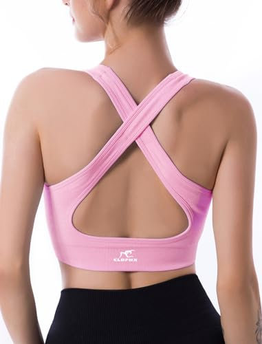 CLDFHX Damen Sport BH Kreuz Rücken Nahtlos Ohne Bügel Bequem Sport Top Crop Gym BH mit Kreuzträgern für Yoga Workout Fitness, Rosa, XL