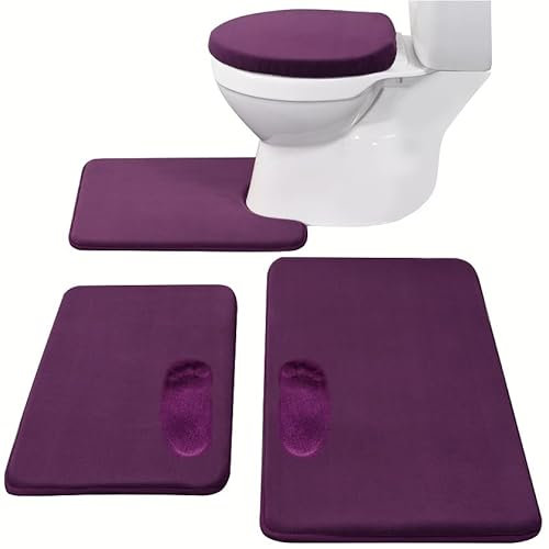 Madeals Memory Foam Badematten-Set 4-teilig Mit WC-Deckelbezug, Teppich-Set Combo, 3-teilig Und U-förmiger WC-Vorleger in Lila