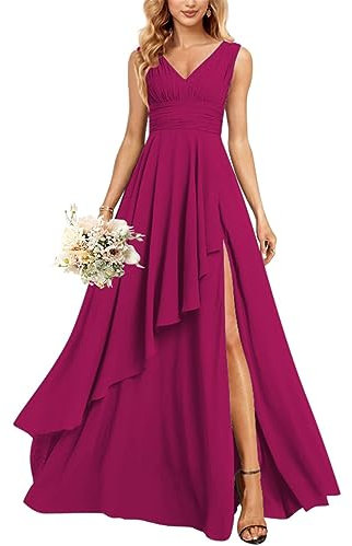 KURFACE Abito da sposa con scollo a V lungo scollo a V abiti da damigella d'onore in chiffon per le donne con tasche, Fucsia, 34