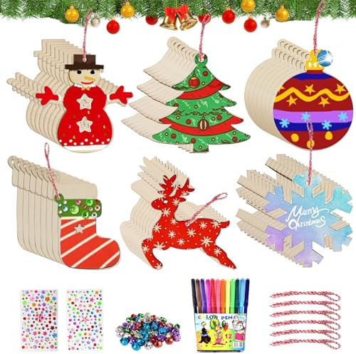 Mecctuck Weihnachts-Handwerk, 48 Stück Kunst-Set Weihnachten Kinder, Weihnachten Dekoration Kunstwerk, Holzanhänger Weihnachten, Weihnachtsbasteln, Holz Kinder Basteleien mit Buntstiften Kunststoff