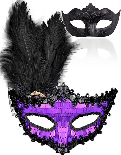 SIQUK Couple Masquerade Masks Sequins Venetian Party Mask Plastic Halloween Costume Mask Rhinestone Mardi Gras Mask for Couples Women and Men