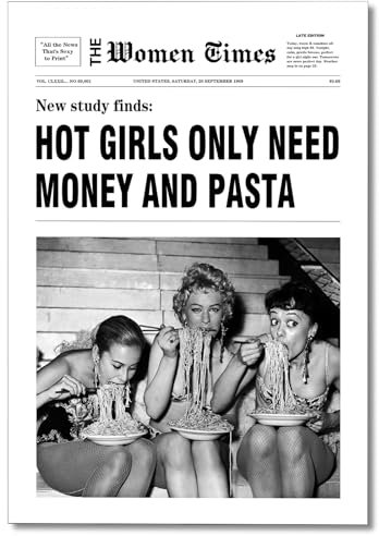 nghtuiyocw Vintage Schwarz-Weiß-Leinwandkunst, Mädchen haben Spaß, Zeitungsdruck, Raum-ästhetisches Poster, Frauen, die Pasta essen, trendig, flippig, Mädchen, Schlafzimmer, Barwagen, Wanddekoration,