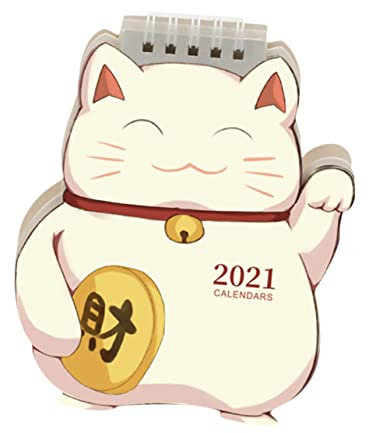 MAGICLULU Tischstaffelei 1 Stück 2021 Kalender Mini 2021 Neujahrsgeschenk Glückliche Glückskatze Feng Shui Dekorationen Für Zuhause Tisch-datumsbuch Aufstehen Büro Weiß Niedlich Auf Papier