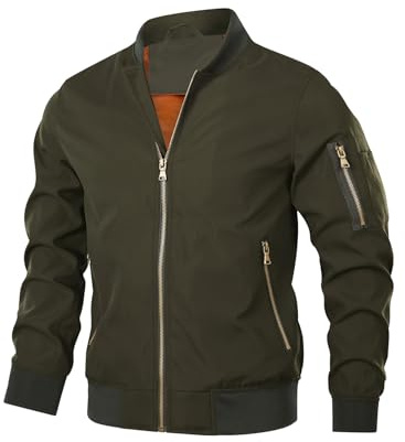 HOOD CREW Blouson aviateur pour homme, manteau d'extérieur coupe-vent léger et décontracté, avec fermeture Éclair et poches, style printemps-automne, Vert kaki, XX-Large
