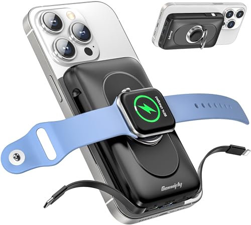 Mag-safe 5IN1 for Apple Watch & iPhone Magnetic Wireless Power Bank, Built-in 2 Cables 10000mah fast charging battery pack, Finger Ring & Bracket portable charger for iPhone 15/14/13/12 IWatch Series