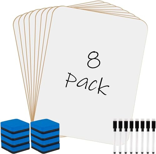 8Pcs Whiteboard Klein 21cm x 30cm Weiße Tafel A4 Trocken Abwischbar Mini Whiteboards, Doppelseitige Weiße Tafel mit 8 Stiften und 8 Radiergummis, Tragbar Whiteboard für Schule Büro Homeoffice