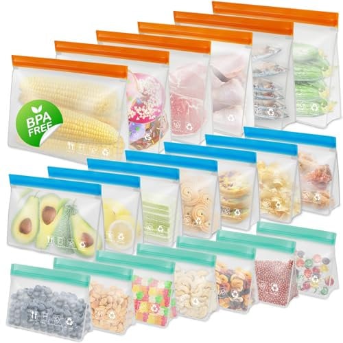 Reusable Freezer Bags, Stand Up Leakproof Gallon Vegetable Snack Sandwich Bag, BPA Free Silicone Bags for Food Storage,Travel, Home Organization(20 Pack - 6 Large,7 Medium,7 Small)