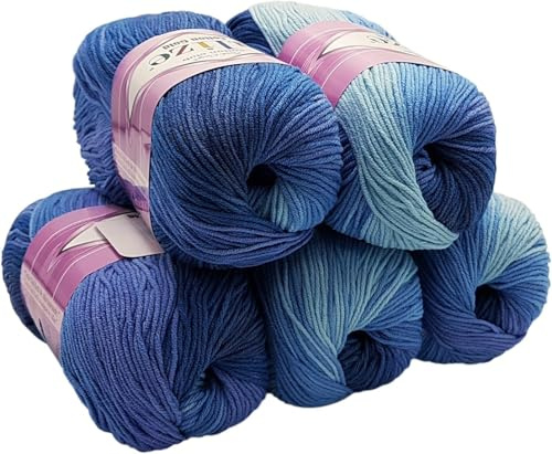 500g Strickwolle Ilkadim Export Cotton gold mit Farbverlauf mehrfarbig, 5 x 100 Gramm Strickgarn 55% Baumwolle (blau hellblau 3299)
