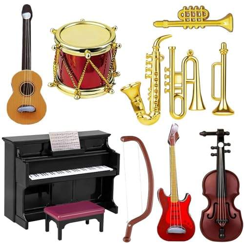 12 Stück Miniatur Zubehör, Puppenhaus Miniatur Musikinstrumenten Set, 1:12 Mini Puppenhaus Musikinstrument, Puppenhaus Mini Musikinstrument Modell für Puppenhaus Mini Musikzimmer