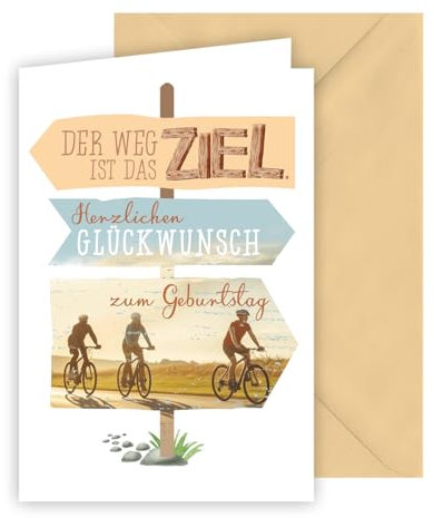 KE - Charmante Geburtstagskarte für Männer Format B6, Glückwunschkarte, inklusive Umschlag, Motiv: Wegweiser, Radfahrer