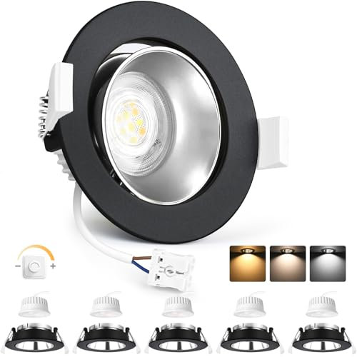 YindaLux 6x LED Einbaustrahler 230V Dimmbar 5W Einbauspots Schwenkbar 3000K/4000K/6500K LED Spot 75-80mm Lochmass Deckenspots IP44 Einbauleuchten Schwarz Silber matt Alu für Badezimmer Wohnzimmer