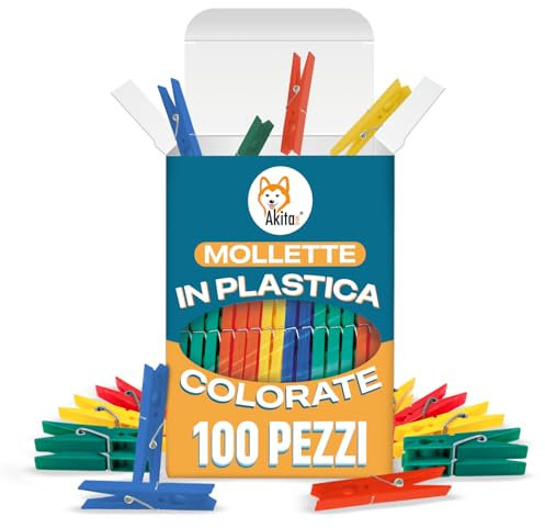 Akitaink Mollette per bucato in plastica 100 Pezzi COLORATE, Antisegno, Ecologiche, Antiruggine, da plastica post consumo. Misura grande, Resistenti Antivento per panni