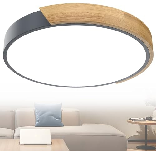 YRHome Moderne Runde Holz Deckenlampe LED, 60W Kaltweiß, Für Wohnzimmer Flur Küche Balkon, Grauer Rahmen