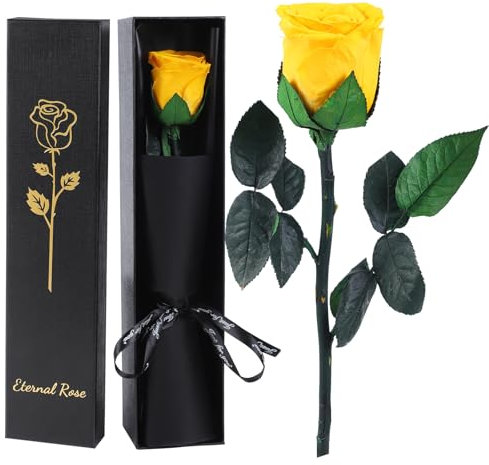 FRFG Vera Rosa Eterna Regalo Donna, Stabilizzata Vera Rosa con Steli Idee Regalo per Anniversario, Mamma, Donna Compleanno, San Valentino per Donne (Giallo)
