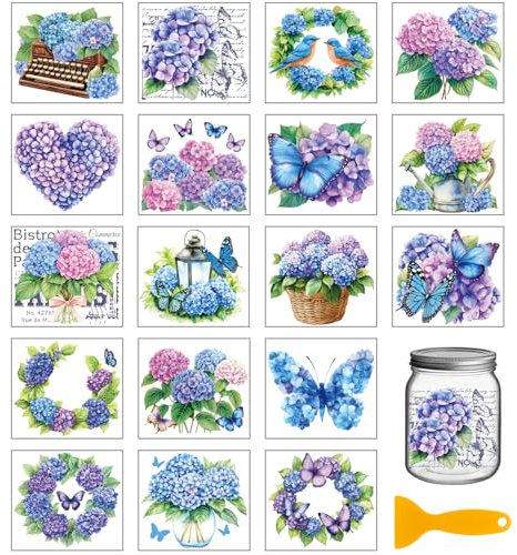 GLOBLELAND 18 Blatt Retro Hortensien Transferfolie Zum Aufreiben 3.9x3.6Zoll Bunte Schmetterlingsblumen Vase Heimaufkleber Blätter Tassen Transferaufkleber Für Möbel Vasen Kunsthandwerk Dekorationen