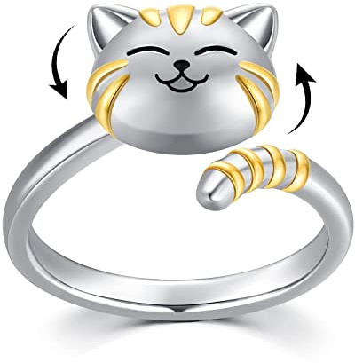 Vadmans Cat Fidget Spinner Ring Sterling Silver Cat Anti Stress Ring Jewelry Gifts for Women Men