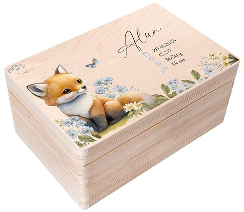 Creative Deco Erinnerungsbox Baby Personalisiert mit Namen - Fuchs | 30 x 20 x 14 cm | Individuelle Erinnerungskiste Geschenk zur Geburt für Mädchen und Jungen | Holzkiste mit Deckel | Farbdruck