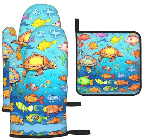 WZYWHJ Turtle and Fish Printing Oven Mitts Pot Holders Set of 3 - Thick, Durable, and Waterproof Fabric for Heat Protection