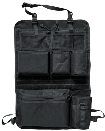 Taktischer Autositz Organizer - 42x62cm taktische Sitzrücken-Organizer, mit 2 Netztaschen, 3 Taschen, 1 Reißverschlusstasche, 1 Becherhalter & MOLLE-System- Ideal für Camping, Reisen(Schwarz)