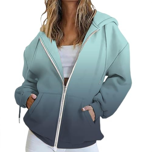 Uwdiohq Felpa Donna con Zip Cappotto Sportiva Leggero Hoodie Casual Classico Colori sfumati Felpe con Cappuccio Giacca Leggero Hoodie Cotone Manica Lunga Sweatshirt Aperto con Tasche