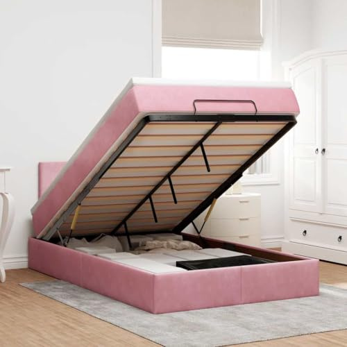 Teenpull Ottomane Bett mit Matratze & LEDs Rosa 120x190 cm, Samt Polsterbett mit Kopfteil, Federkern Matratze und Stauraum für Schlafzimmer