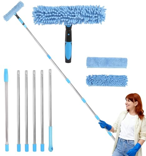 Teleskop Fensterwischer Abzieher Set 4M Fensterputzer Set 2 in 1 Fensterreiniger Set für hohe Fenster im Innen-und Außenbereich,Bad,Dusche,Auto
