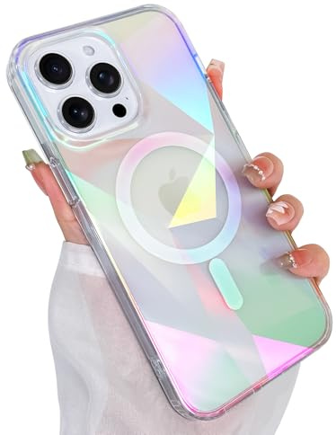 Heaofei Cute Case for iPhone 12 & 12 Pro Case for Women Girls [ Compatible with Magsafe ] Clear Glitter Girly Aesthetic Rainbow Sparkly Bling Magnetic Phone Cover, Iridescent Geometry