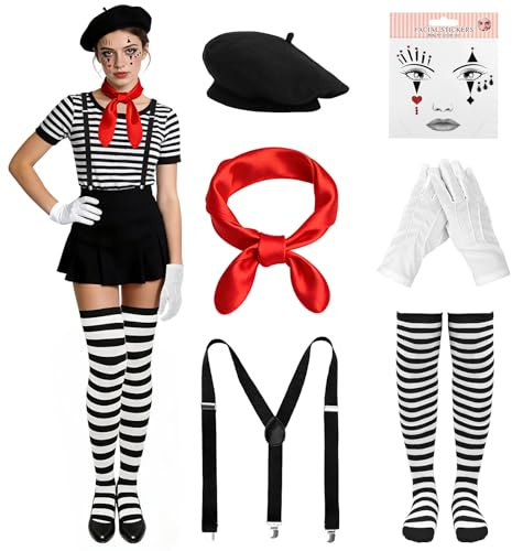 SelfTek Karneval Pantomimen Kostüm Damen - 6 Stück Pantomime Accessoires Damen mit Mütze Schal Handschuhe Gesichtsmaske Beinwärmer Hosenträger, Fasching Kostüm Damen für Karneval Party (Pantomimen)