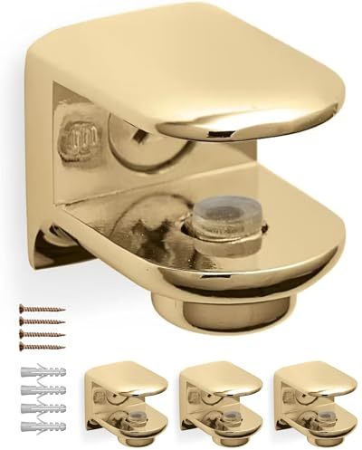 Gedotec 4 Supporti a Morsetto per Mensole RM03 Oro Lucido, Supporti per Ripiani in Vetro per Spessori 6-11 mm, con Vite di Fissaggio e Appoggio per Vetro, Materiale di Montaggio Incluso