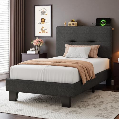Feonase 3ft Single Bed Frame with Storage Linen Headboard, Upholstered Single beds with Charging Station, Sturdy Wooden Slat Support, Easy Assembly, Dark gray