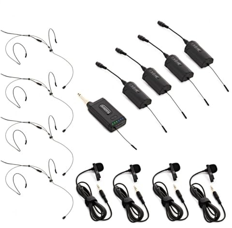 SubZero VOXLINK-Compact, Vierfach-Lavalier/Headset-Funksystem | Vier Bodypack-Sender mit 4-Kanal-Empfänger, Zuverlässige Antenne, Lavalier- und Headset-Mikros, Klare Signalanzeige