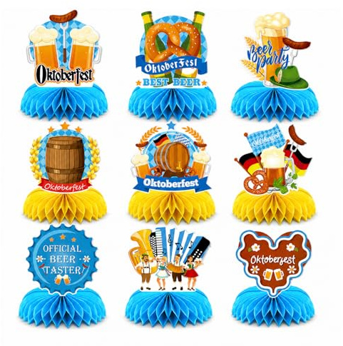 Oktoberfest Deko, 9 Stück Bayrische Deko Bienenwaben Tischdeko, Blau-Weiß Dekoration für Bierfest & Wiesn Party, Oktoberfest Accessoires im Bayerischen Stil