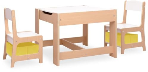 Xolmizyn Kindertisch mit 2 Stühlen Set für Kinder, MDF Kindersitzgruppe mit 2-in-1 Whiteboard und Kreidetafel, Multifunktionale Kindermöbel zum Spielen und Malen, Braun