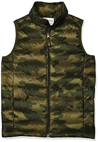 Amazon Essentials Jungen Leichte, Wasserabweisende, Verstaubare Daunenweste Mit Kapuze, Grün Tarnmuster, 8 Jahre
