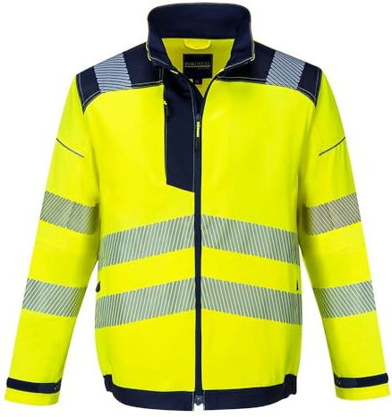 Portwest T500 PW3 Hi-Vis Work Jacket Long Sleeve Waterproof Secure Storage | Yellow/Navy, Large, EN ISO 20471 Class 3, RIS 3279-TOM, UPF 50+, Regular Fit, 2 Side Zipper Pockets, Internal Storm Flap