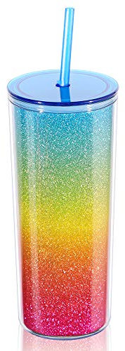 Home Tune Rainbow Tumbler with Straw, Sand Flow Glitter Double Wall Acrylic Cup Tumbler, 21 oz / 640ml (Blue)