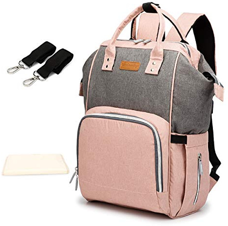 SONARIN Multifunktions Baby Wickelrucksack mit Wickelauflage, Wickeltasche,Reise-Rucksack-Organizer,USB-Schnittstelle,Wasserdicht, Große Kapazität(Pink & Grau)