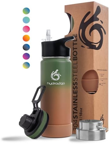 hydro2go Edelstahl Trinkflasche – BPA-freie Isolierflasche für Kinder, Schule, Sport & Outdoor – Hält Getränke bis zu 12H heiß und bis zu 24H kalt – Inklusive 3 Trinkverschlüsse – 530ml (Forest)