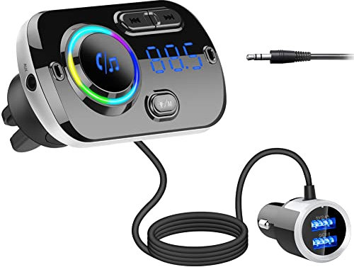 Bluetooth FM Transmitter für Autoradio,HIDOU Bluetooth 5.0 Autoradio Adapter Empfänger mit 7 Farblicht KFZ-Ladegerät,Dual USB QC3.0/2.4 A,Siri Voice Assistant, Freisprecheinrichtung Mp3 Player