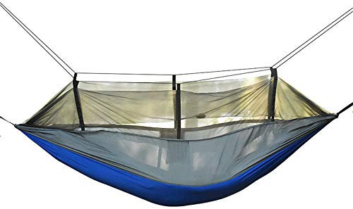 Surwin Aufhängung Hängematte mit Moskitonetz, Hängematte Outdoor Atmungsaktiv Schnelltrocknendes Entspannung Hängesessel Tragbare mit Tragetasche für Terrasse Hof Garten (Dunkelblau + Grau,260x140CM)