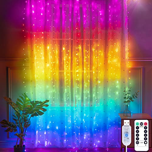 Yizhet Lichtervorhang 3x3m LED Lichterkette Vorhang LED Lichterkettenvorhang mit 8 Modi, IP65 Wasserdicht Lichtervorhang Deko für Wohnzimmer, Hochzeit, Party, Weihnachten (300LED, 7 Farben)