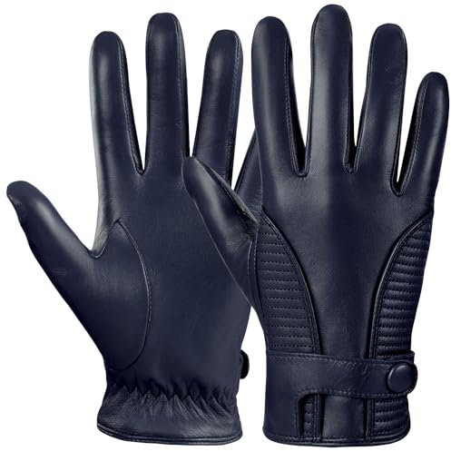 GSG SINCE 1998 Lederhandschuhe Herren Gefüttert Winter Lammfell Handschuhe Echtes Leder Warm Touchscreen Mit Kaschmir Gefüttert Navy blau M