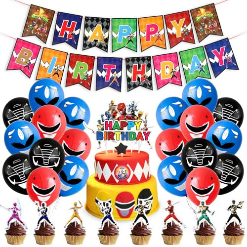 Luftballons Junge Geburtstagsdeko - 32 Stück Kit Mit 18 Latex Ballons Rot Schwarz Blau, Cupcake Topper, Banner für Kindergeburtstag Decorations